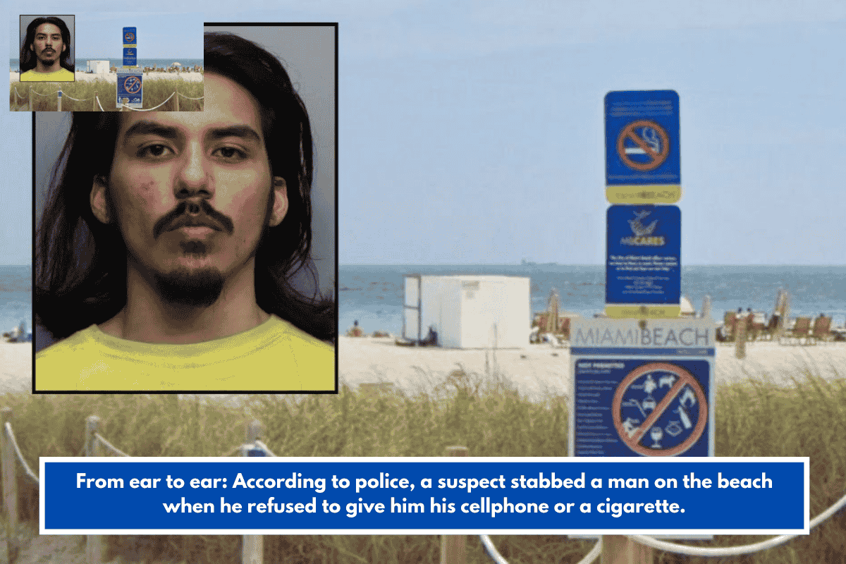 From ear to ear: According to police, a suspect stabbed a man on the beach when he refused to give him his cellphone or a cigarette.