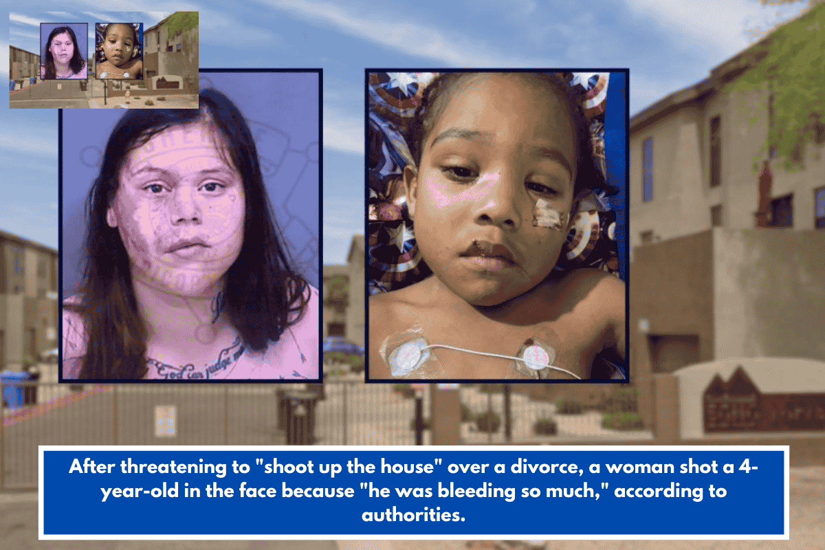 After threatening to "shoot up the house" over a divorce, a woman shot a 4-year-old in the face because "he was bleeding so much," according to authorities.