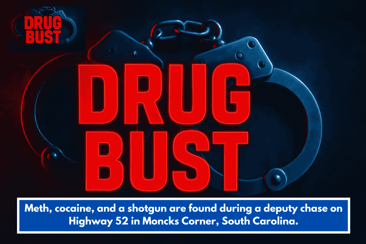 Meth, cocaine, and a shotgun are found during a deputy chase on Highway 52 in Moncks Corner, South Carolina.
