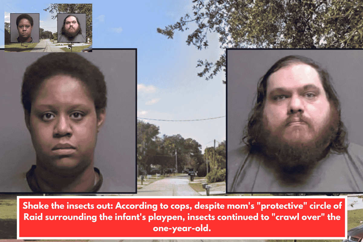 Shake the insects out: According to cops, despite mom's "protective" circle of Raid surrounding the infant's playpen, insects continued to "crawl over" the one-year-old.