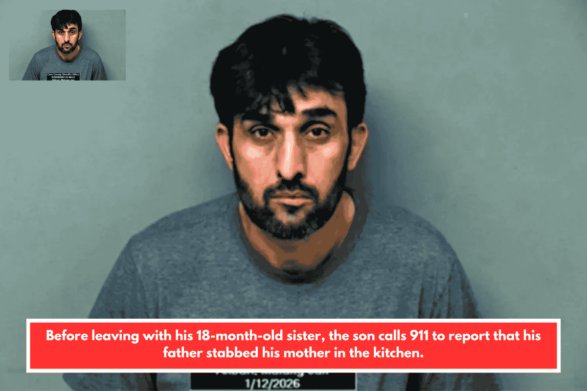 Before leaving with his 18-month-old sister, the son calls 911 to report that his father stabbed his mother in the kitchen.