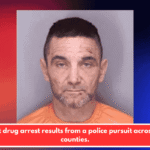 An illicit drug arrest results from a police pursuit across many counties.