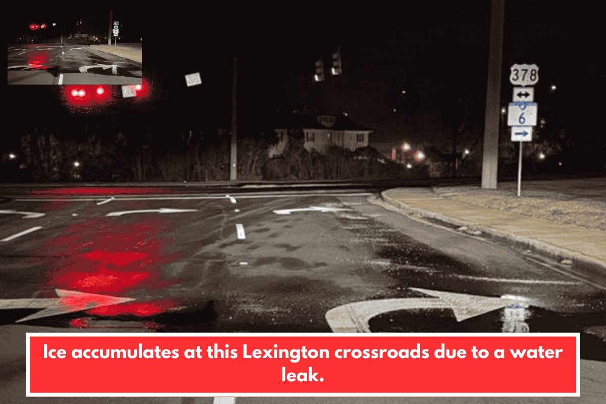 Ice accumulates at this Lexington crossroads due to a water leak.