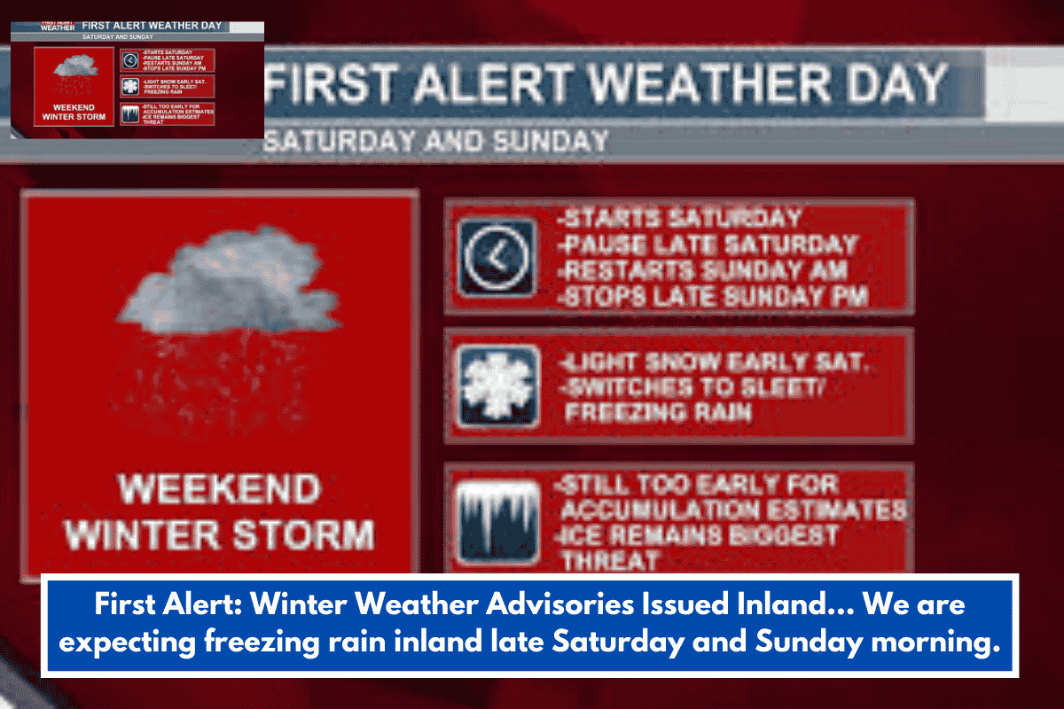 First Alert: Winter Weather Advisories Issued Inland... We are expecting freezing rain inland late Saturday and Sunday morning.