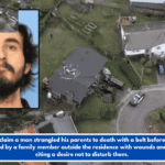 Police claim a man strangled his parents to death with a belt before being discovered by a family member outside the residence with wounds and bruises, citing a desire not to disturb them.