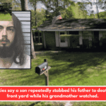 Authorities say a son repeatedly stabbed his father to death in the front yard while his grandmother watched.