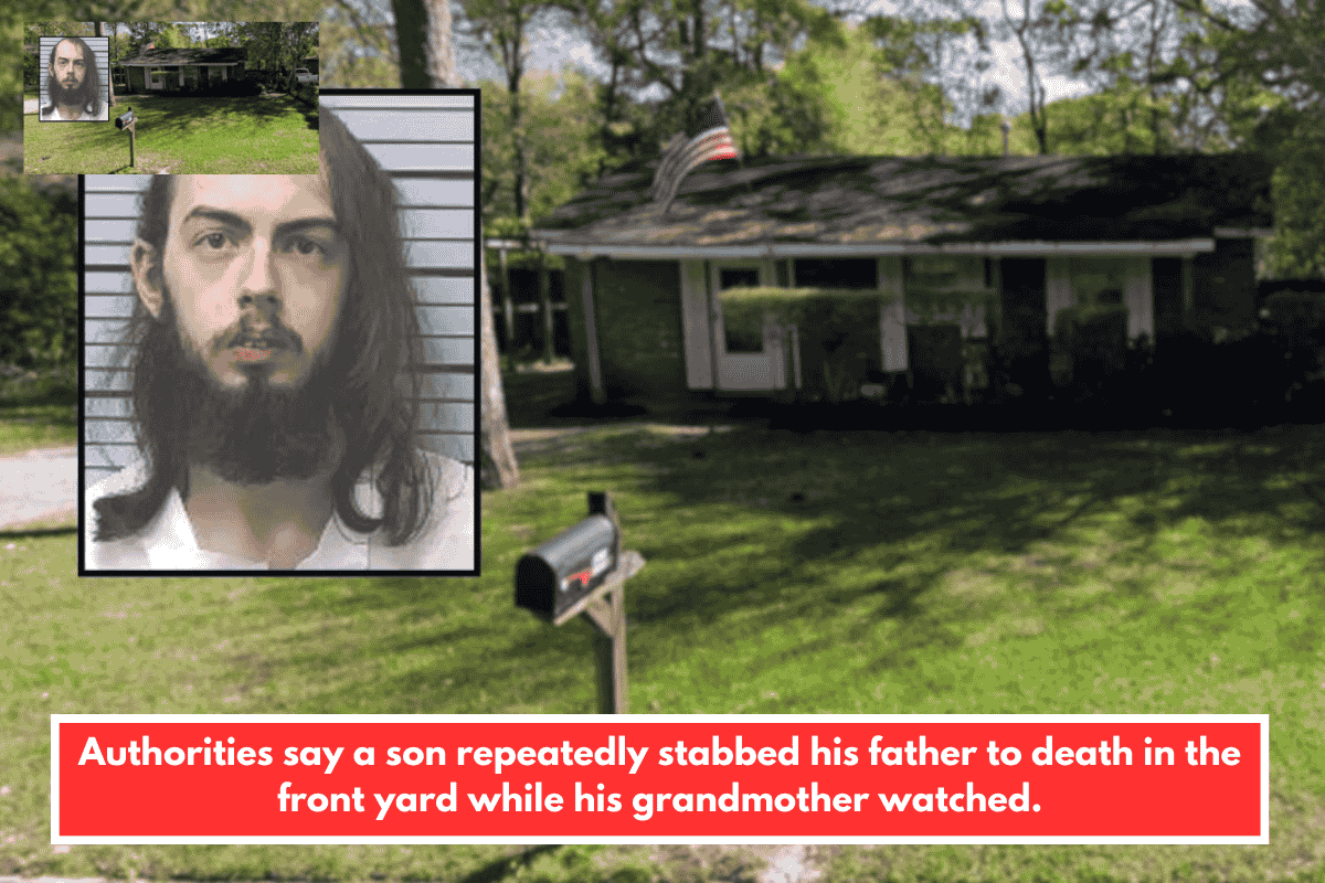 Authorities say a son repeatedly stabbed his father to death in the front yard while his grandmother watched.