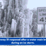 Highway 51 reopened after a water main broke during an ice storm.