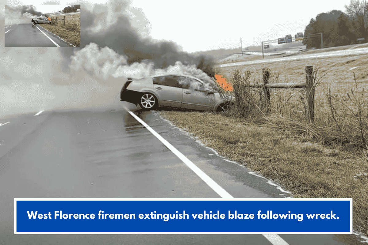 West Florence firemen extinguish vehicle blaze following wreck.