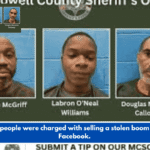 Three people were charged with selling a stolen boom lift on Facebook.