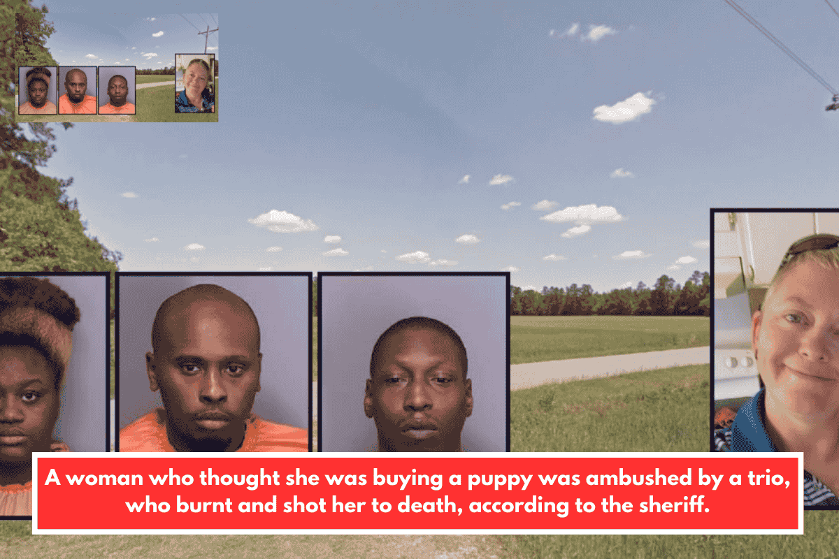 A woman who thought she was buying a puppy was ambushed by a trio, who burnt and shot her to death, according to the sheriff.