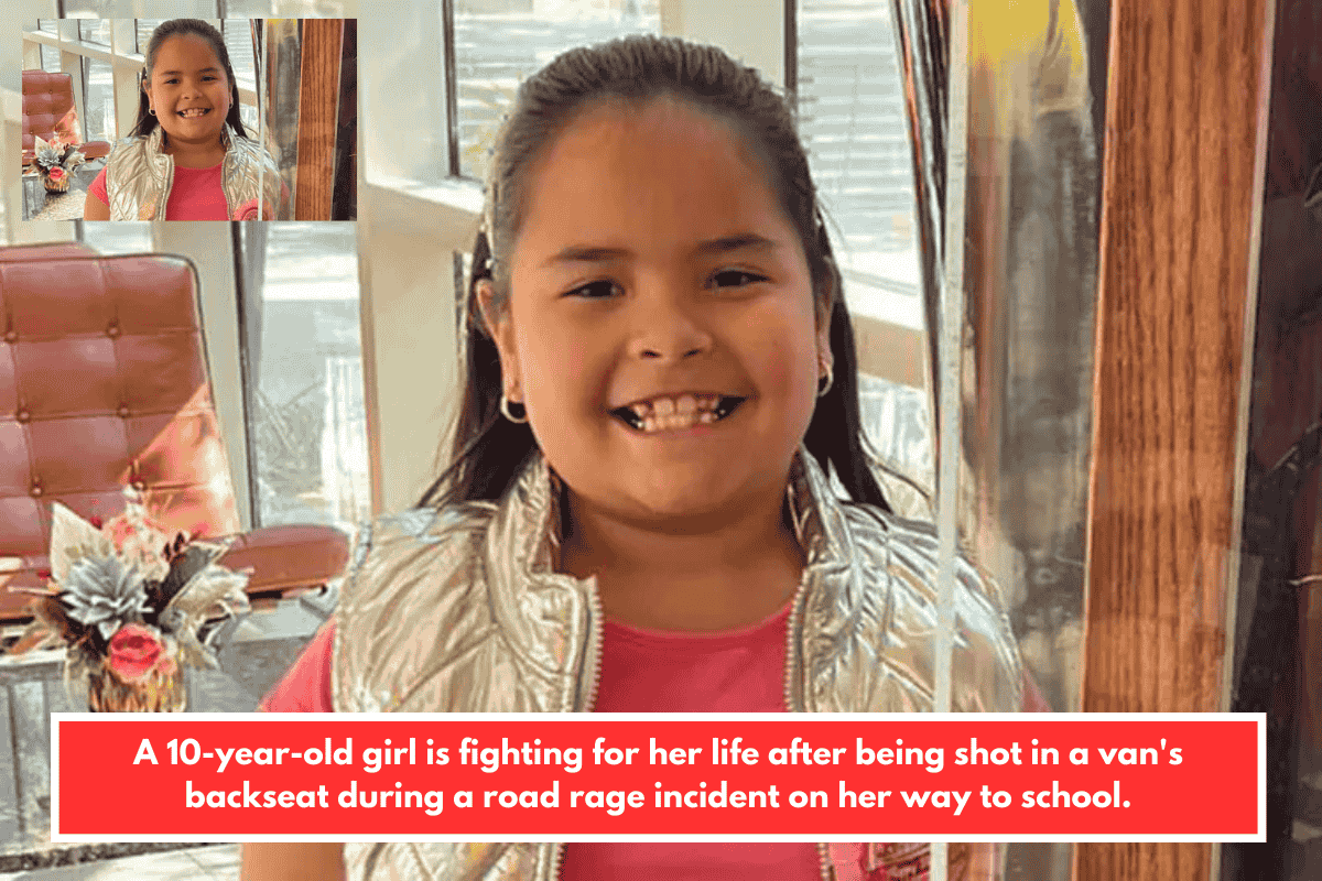 A 10-year-old girl is fighting for her life after being shot in a van's backseat during a road rage incident on her way to school.
