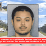 Police said a man sent his ex-girlfriend a 'live 9mm round' in a letter 'trying to get back with her,' and installed a GPS tracker on her car.
