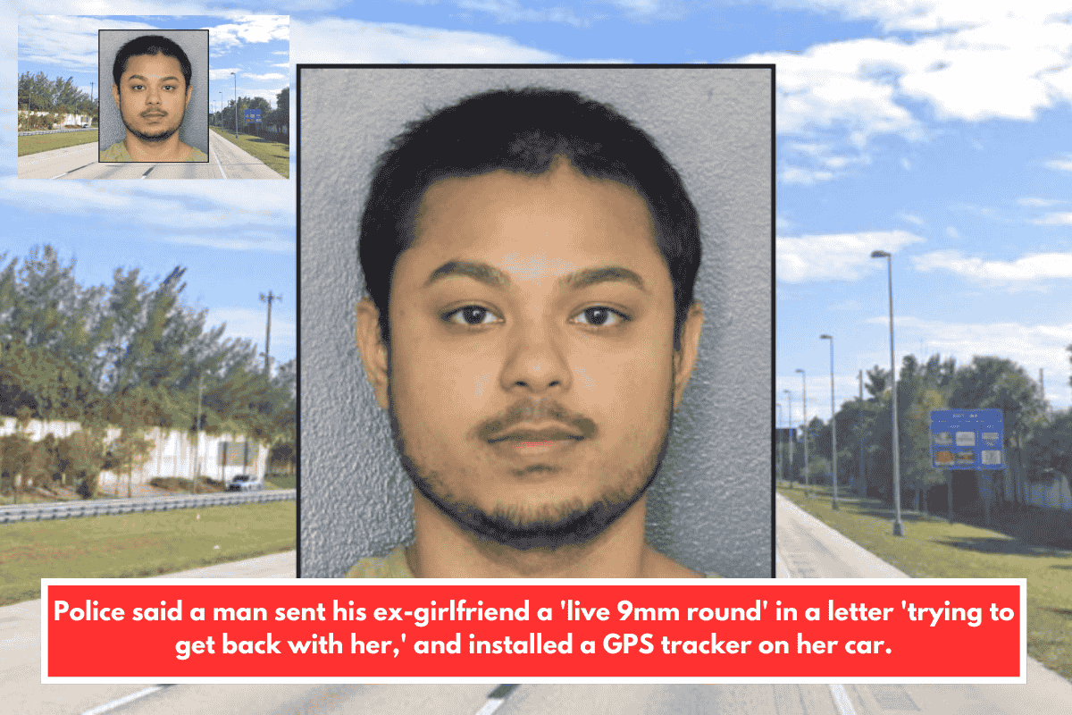 Police said a man sent his ex-girlfriend a 'live 9mm round' in a letter 'trying to get back with her,' and installed a GPS tracker on her car.