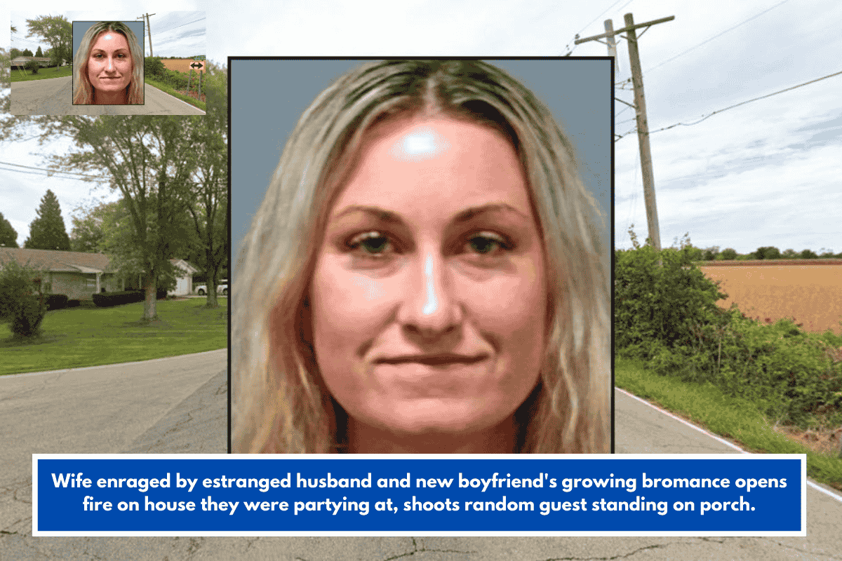 Wife enraged by estranged husband and new boyfriend's growing bromance opens fire on house they were partying at, shoots random guest standing on porch.