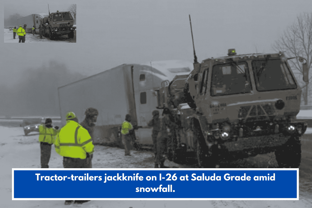 Tractor-trailers jackknife on I-26 at Saluda Grade amid snowfall.