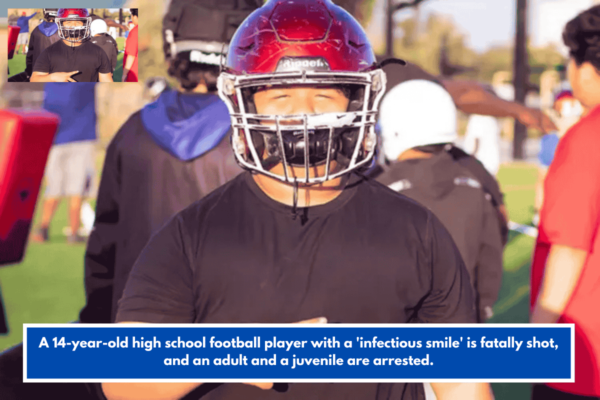 A 14-year-old high school football player with a 'infectious smile' is fatally shot, and an adult and a juvenile are arrested.