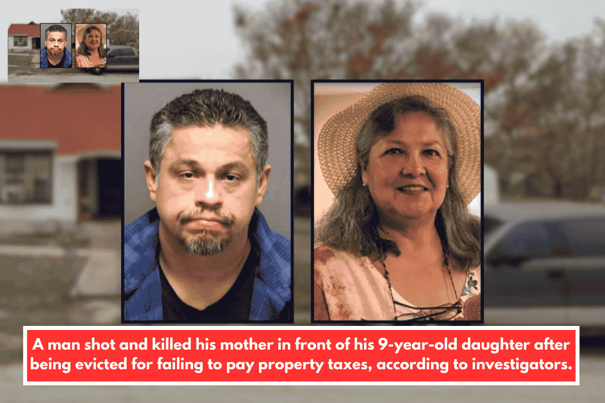 A man shot and killed his mother in front of his 9-year-old daughter after being evicted for failing to pay property taxes, according to investigators.