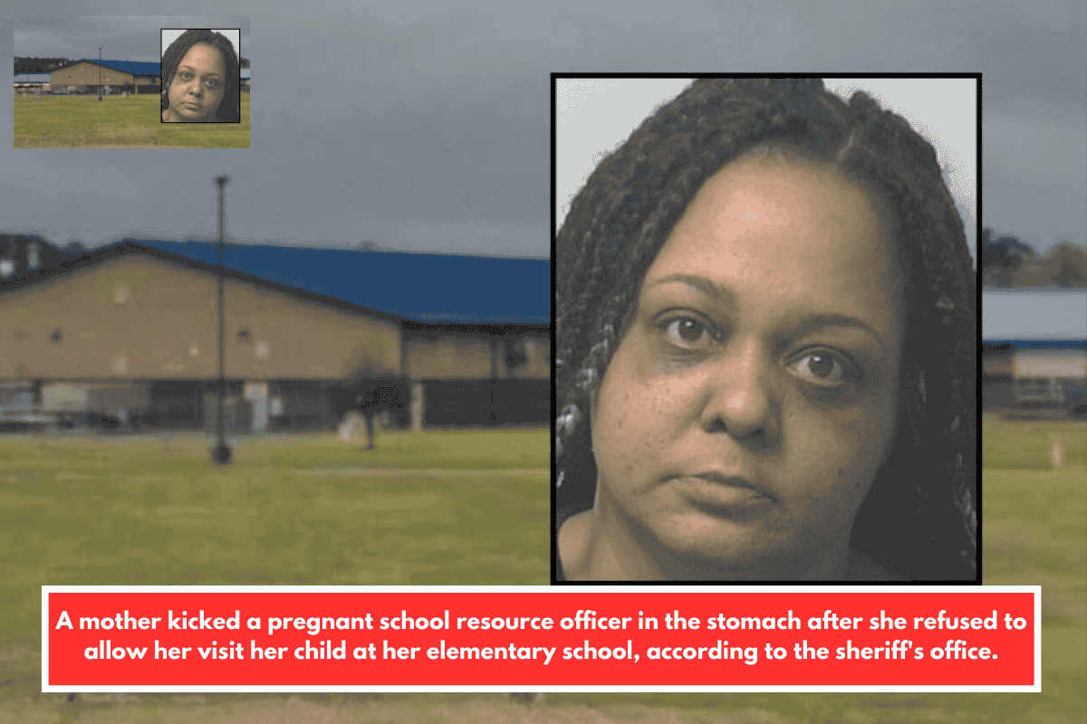 A mother kicked a pregnant school resource officer in the stomach after she refused to allow her visit her child at her elementary school, according to the sheriff's office.