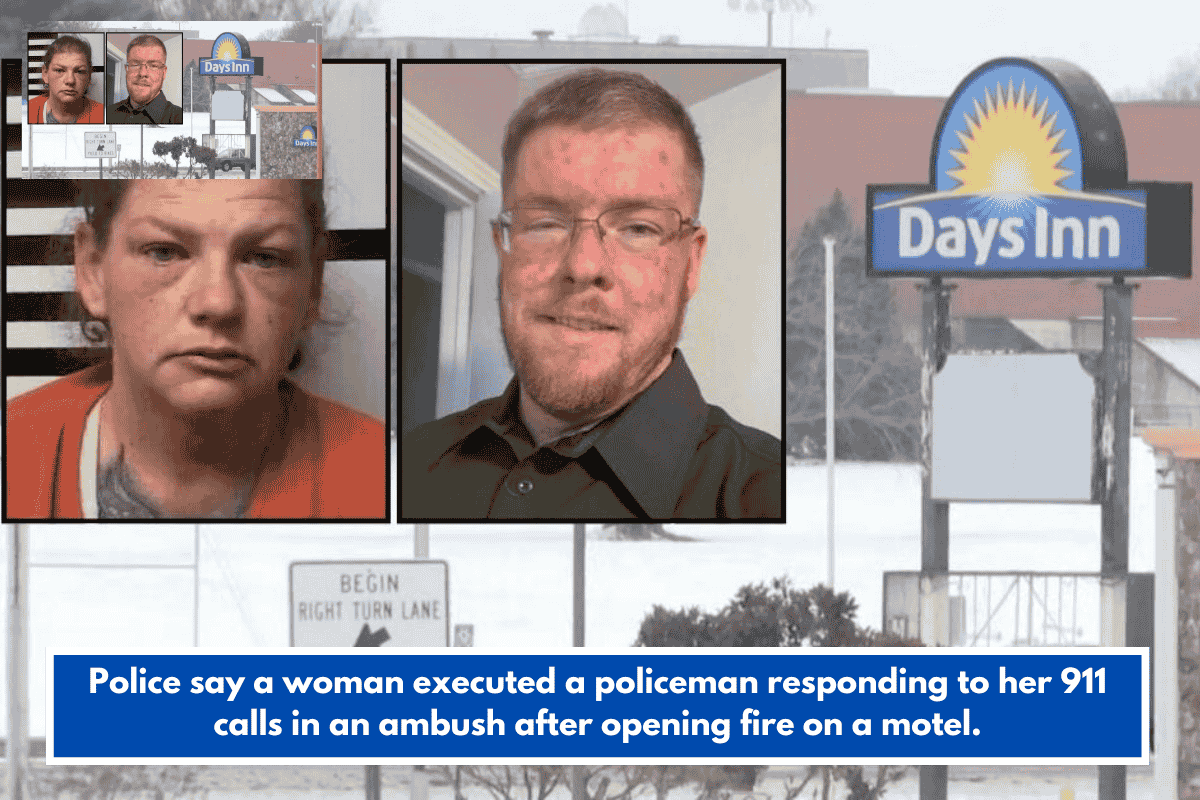 Police say a woman executed a policeman responding to her 911 calls in an ambush after opening fire on a motel.