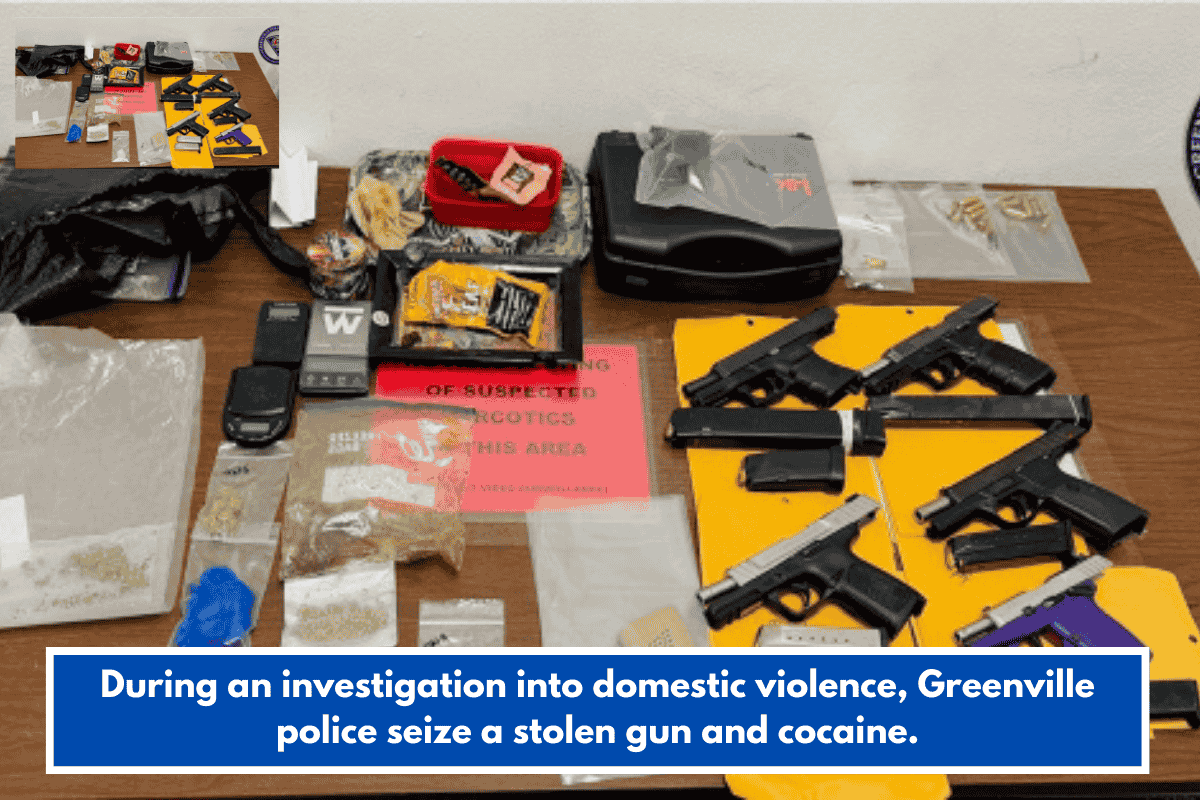 During an investigation into domestic violence, Greenville police seize a stolen gun and cocaine.