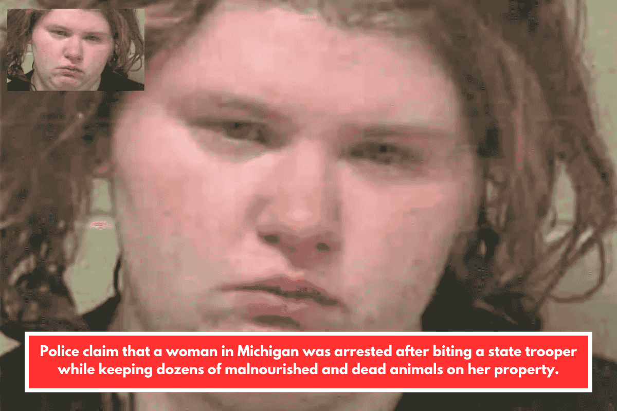 Police claim that a woman in Michigan was arrested after biting a state trooper while keeping dozens of malnourished and dead animals on her property.
