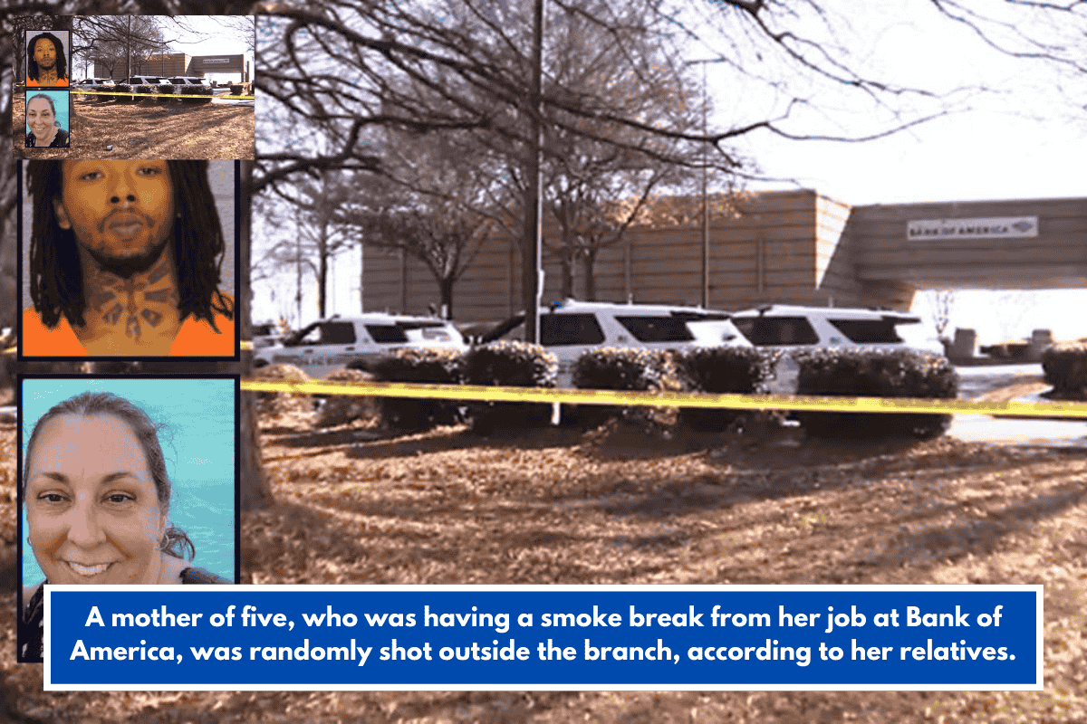 A mother of five, who was having a smoke break from her job at Bank of America, was randomly shot outside the branch, according to her relatives.