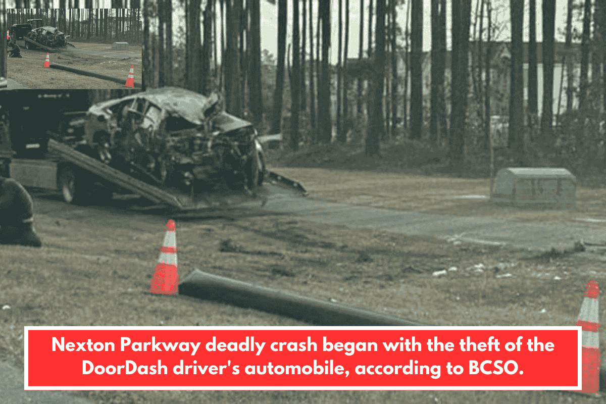 Nexton Parkway deadly crash began with the theft of the DoorDash driver's automobile, according to BCSO.