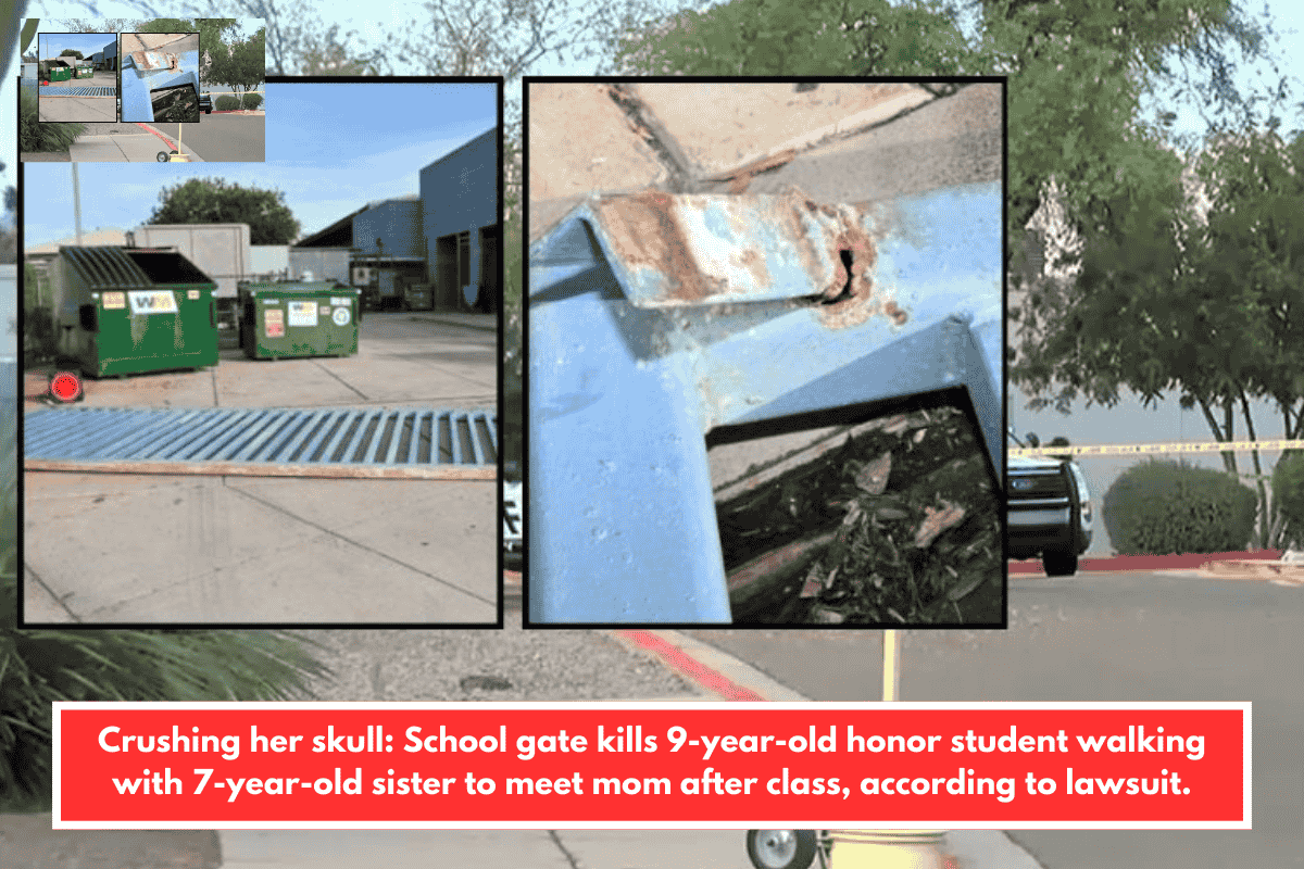Crushing her skull: School gate kills 9-year-old honor student walking with 7-year-old sister to meet mom after class, according to lawsuit.