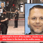 A man, ashamed in front of his buddies, shoots a stranger nine times in the back as he walks away.