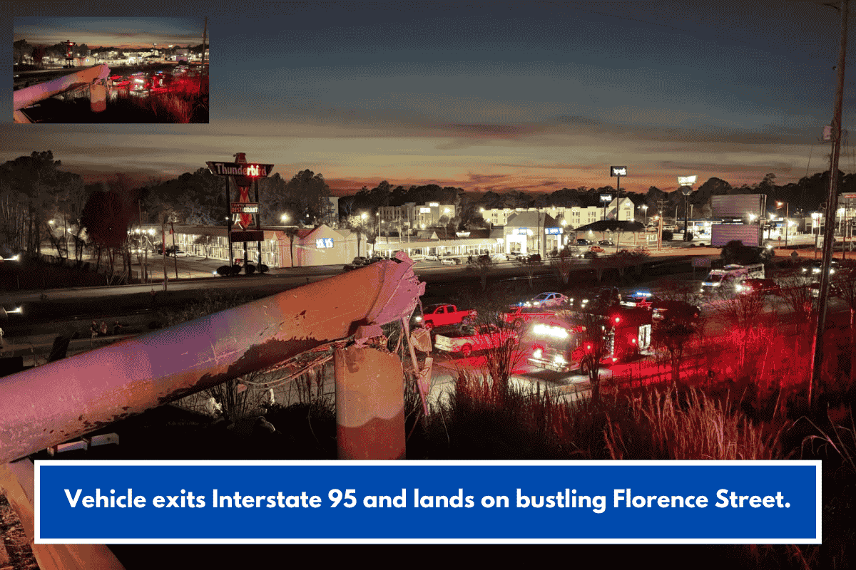Vehicle exits Interstate 95 and lands on bustling Florence Street.