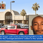 Supermarket shopper used a newly purchased paring knife to murder a stranger to death after they 'exchanged pleasantries' outdoors as they 'passed each other'.