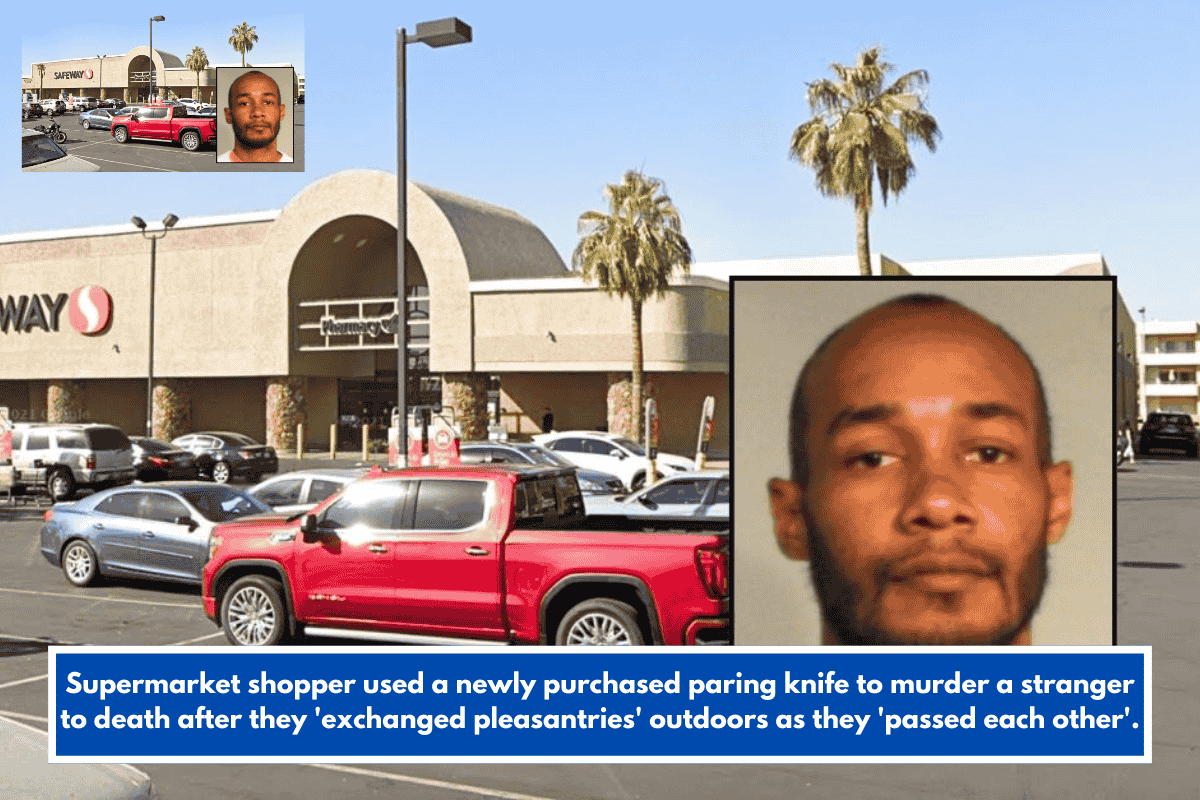 Supermarket shopper used a newly purchased paring knife to murder a stranger to death after they 'exchanged pleasantries' outdoors as they 'passed each other'.