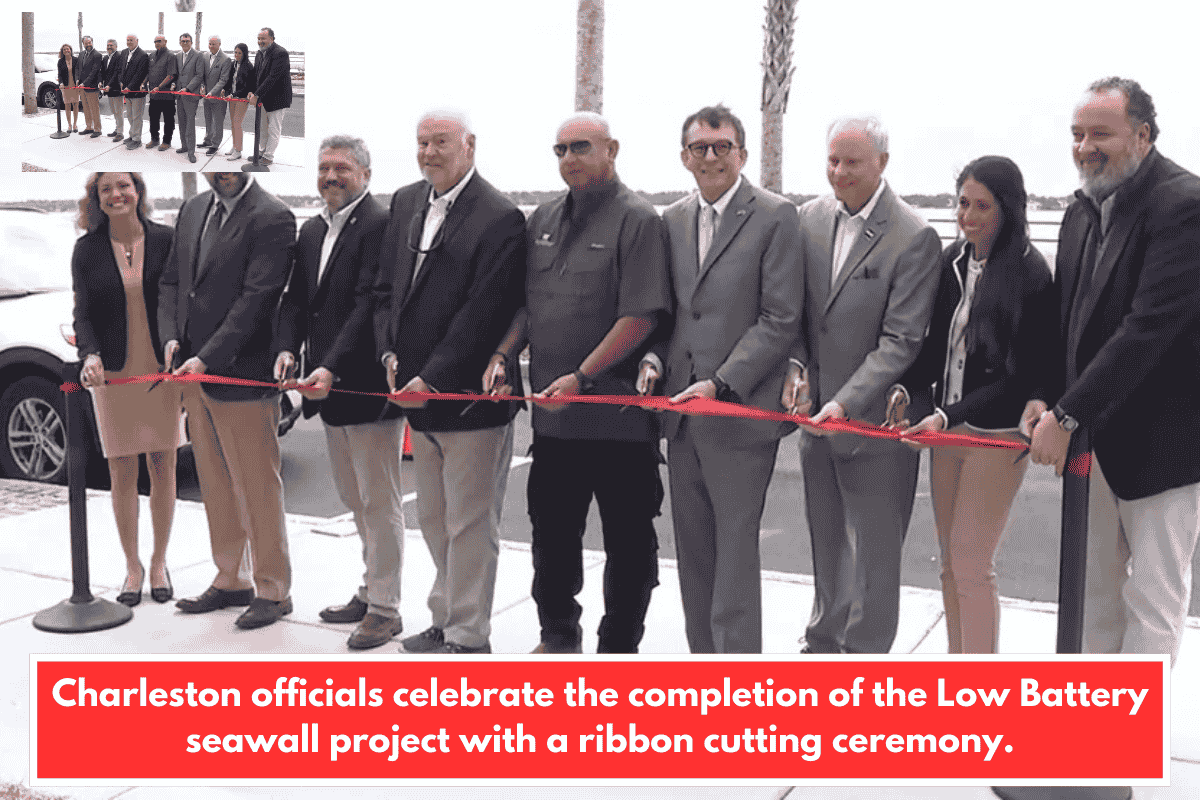 Charleston officials celebrate the completion of the Low Battery seawall project with a ribbon cutting ceremony.