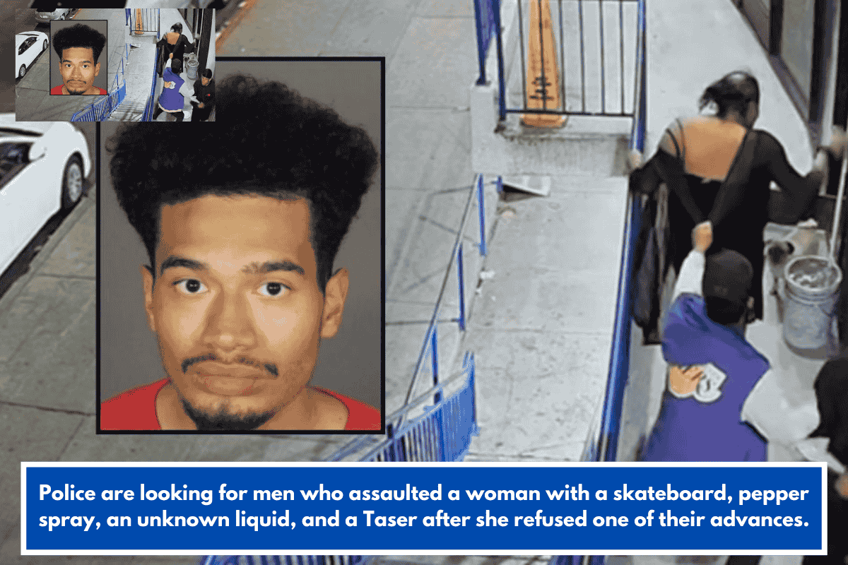 Police are looking for men who assaulted a woman with a skateboard, pepper spray, an unknown liquid, and a Taser after she refused one of their advances.