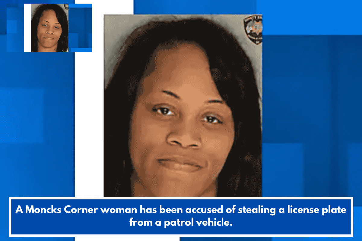 A Moncks Corner woman has been accused of stealing a license plate from a patrol vehicle.