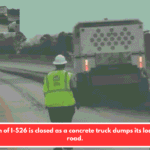 A portion of I-526 is closed as a concrete truck dumps its load on the road.