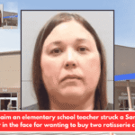 Police claim an elementary school teacher struck a Sam's Club shopper in the face for wanting to buy two rotisserie chickens.