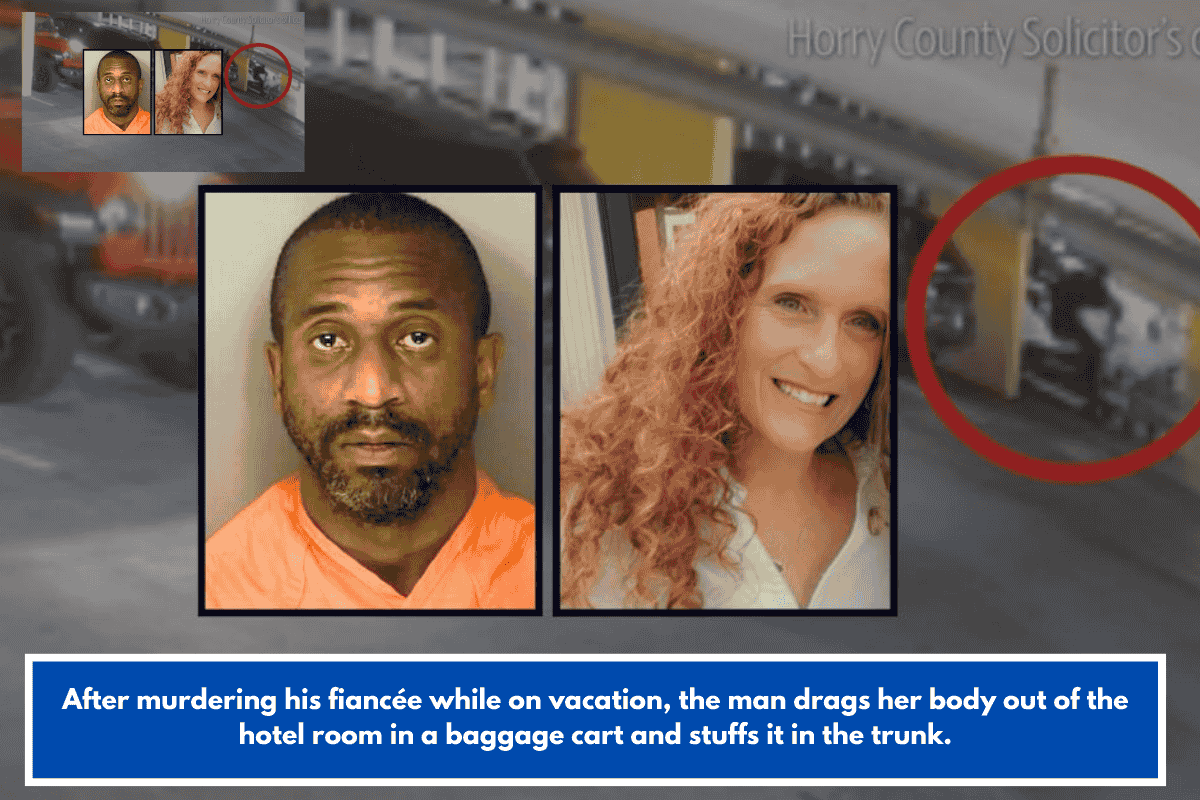After murdering his fiancée while on vacation, the man drags her body out of the hotel room in a baggage cart and stuffs it in the trunk.