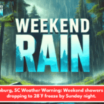 Spartanburg, SC Weather Warning: Weekend showers ahead, dropping to 28°F freeze by Sunday night.
