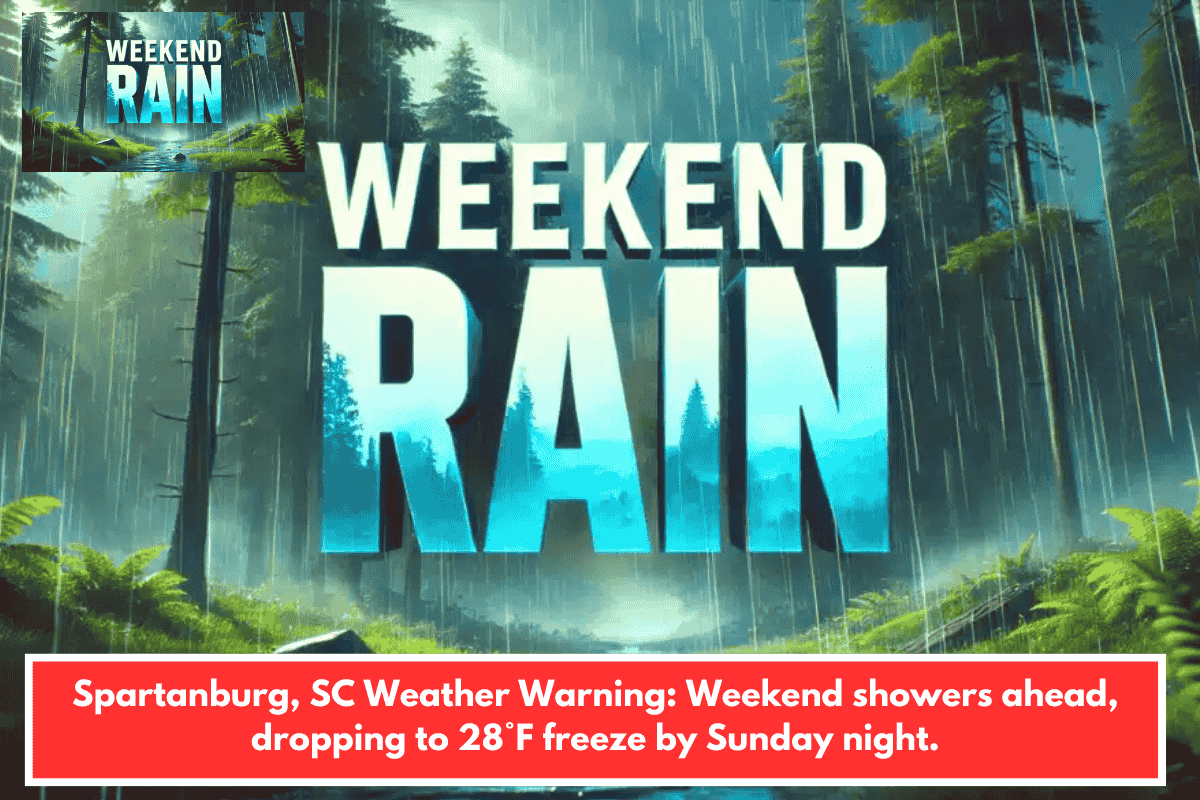 Spartanburg, SC Weather Warning: Weekend showers ahead, dropping to 28°F freeze by Sunday night.