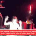 A naked man allegedly stole an ambulance with a dying kidney disease patient inside, leading police on a high-speed chase.