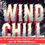 Charleston, SC weather alert: wind chill 17° with temperatures near 28° 9PM-9AM Monday.