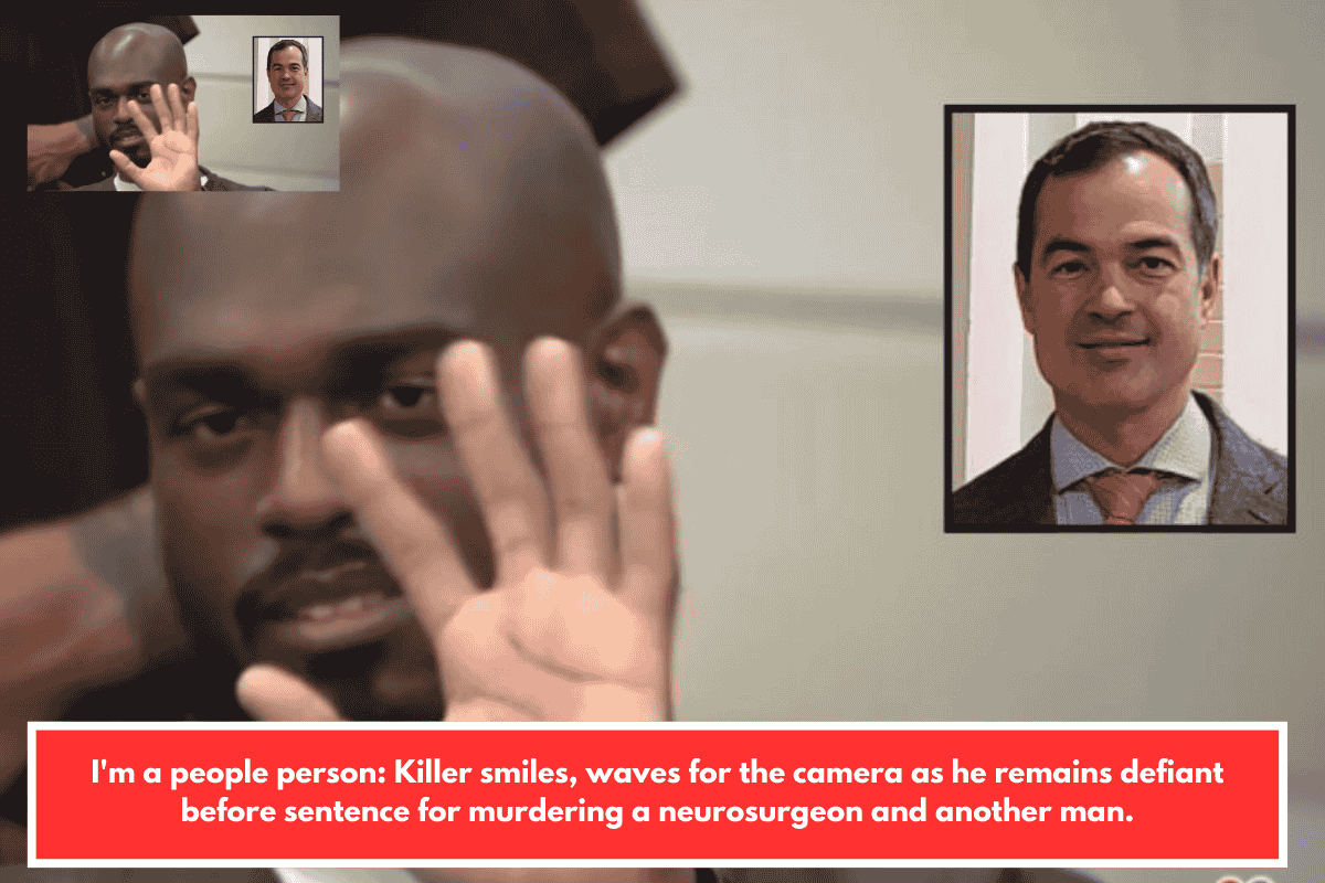 I'm a people person: Killer smiles, waves for the camera as he remains defiant before sentence for murdering a neurosurgeon and another man.