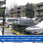 A man was shot and killed while "butchering his family" with a curved dagger, trapping a baby grandchild "in the middle."