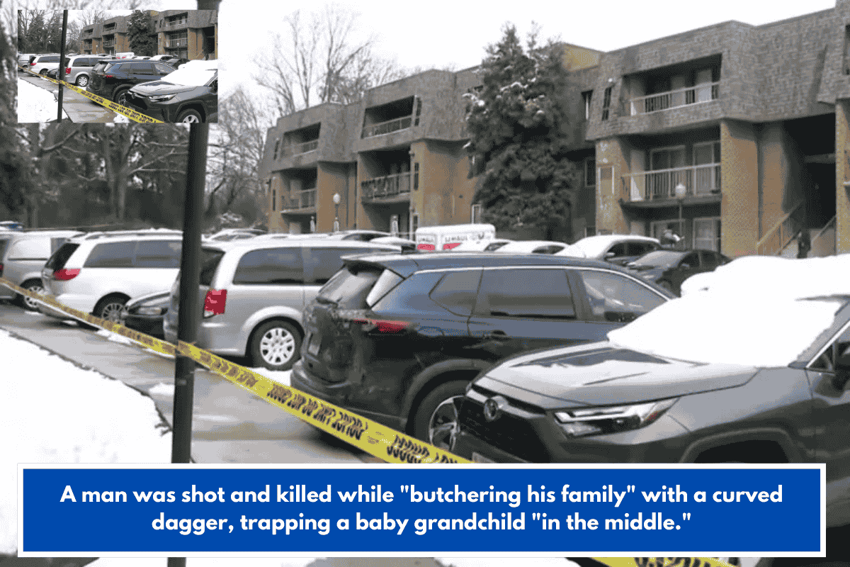 A man was shot and killed while "butchering his family" with a curved dagger, trapping a baby grandchild "in the middle."