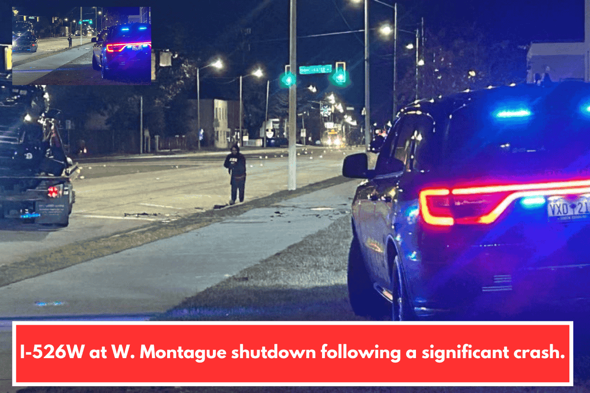 I-526W at W. Montague shutdown following a significant crash.
