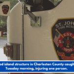 A secluded island structure in Charleston County caught fire on Tuesday morning, injuring one person.