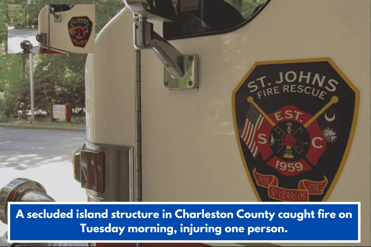 A secluded island structure in Charleston County caught fire on Tuesday morning, injuring one person.