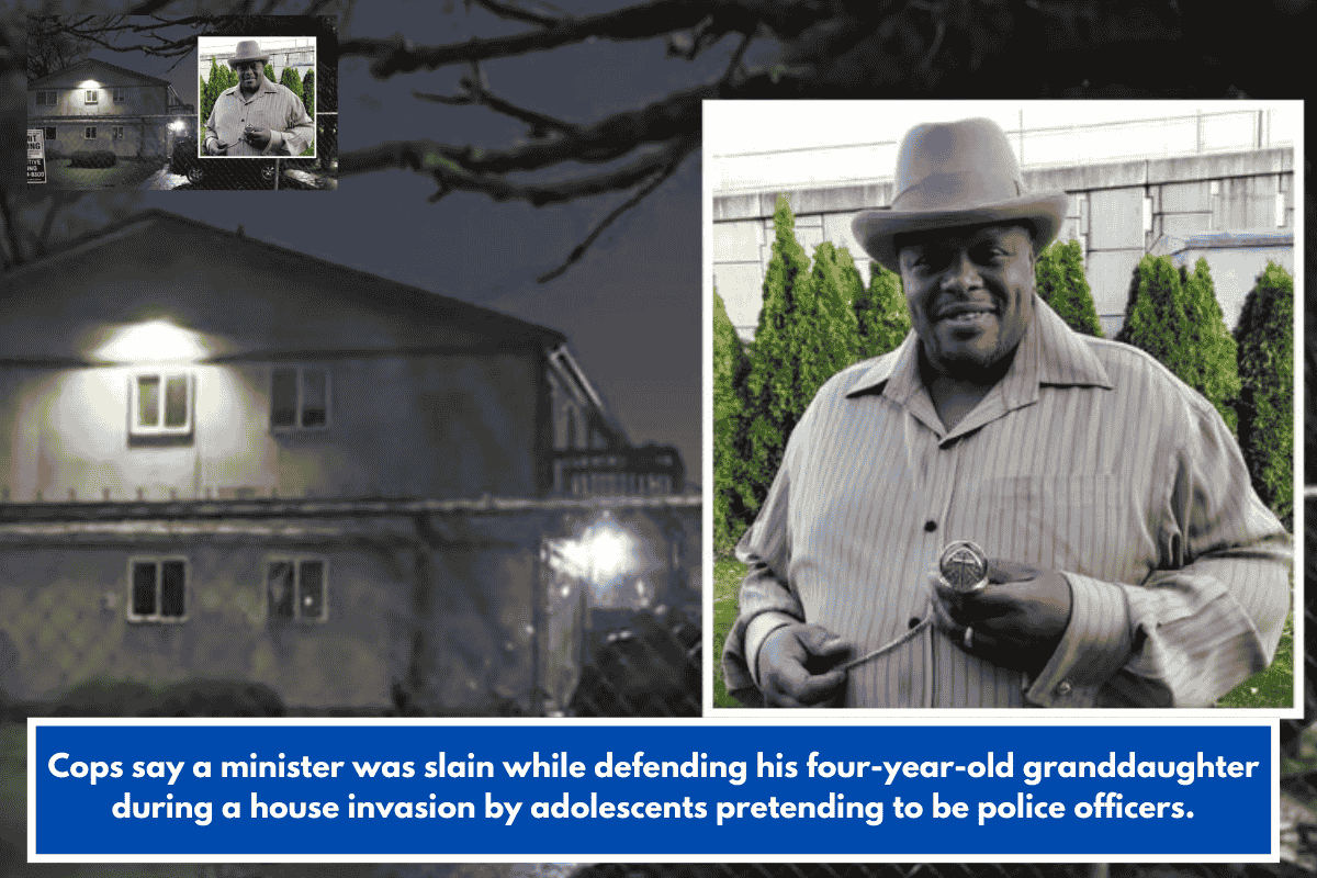 Cops say a minister was slain while defending his four-year-old granddaughter during a house invasion by adolescents pretending to be police officers.